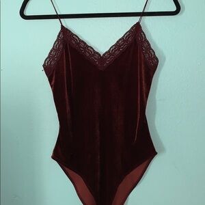 Burnt Red Lace Trim Velvet Bodysuit